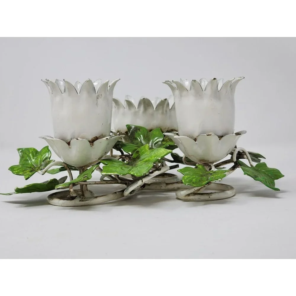Vintage Painted Metal Flower‎ And Leaves Metal Candle Holder